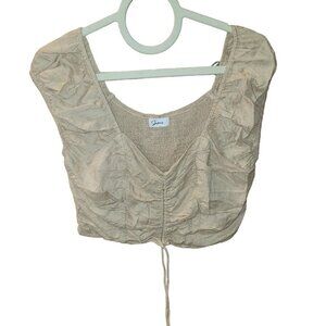 Japna Short Sleeve Smocked Back Ruched Crop Top Tan